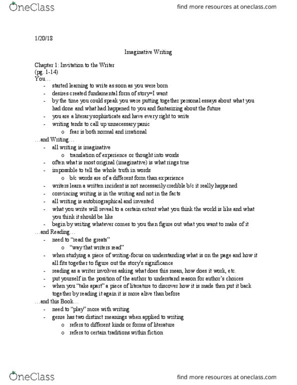 ENGL 2744 Chapter Ch. 1 pg. 1-14: Imaginative Writing 4th Edition pg. 1-14 outline thumbnail